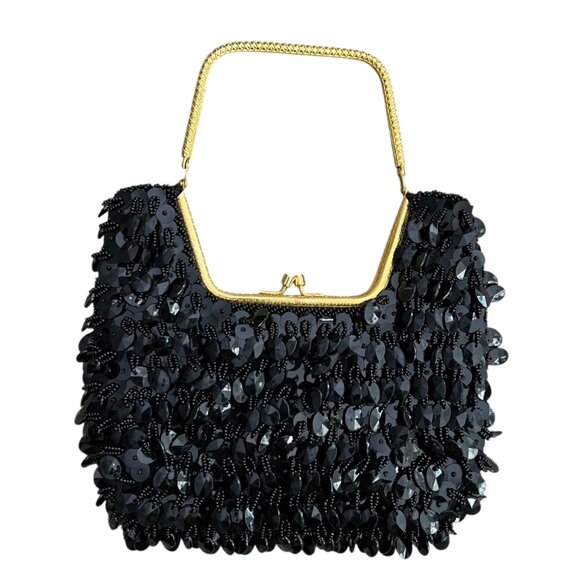 Vintage Beaded Sequin Kiss Lock Clutch Black Formal Glam Flapper Going Out - Picture 2 of 7